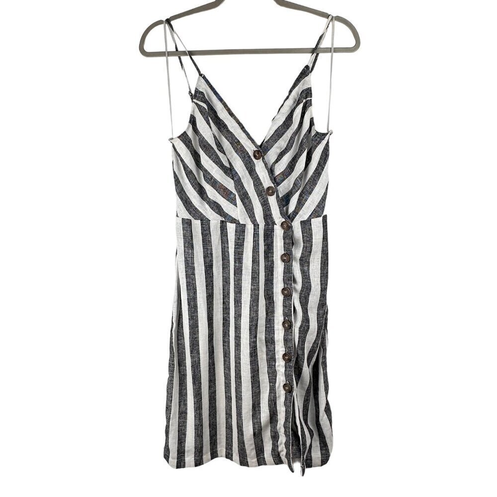 NWT Infinity Raine Love Tree Linen Button Up Stripe V Neck Dress, Size M
